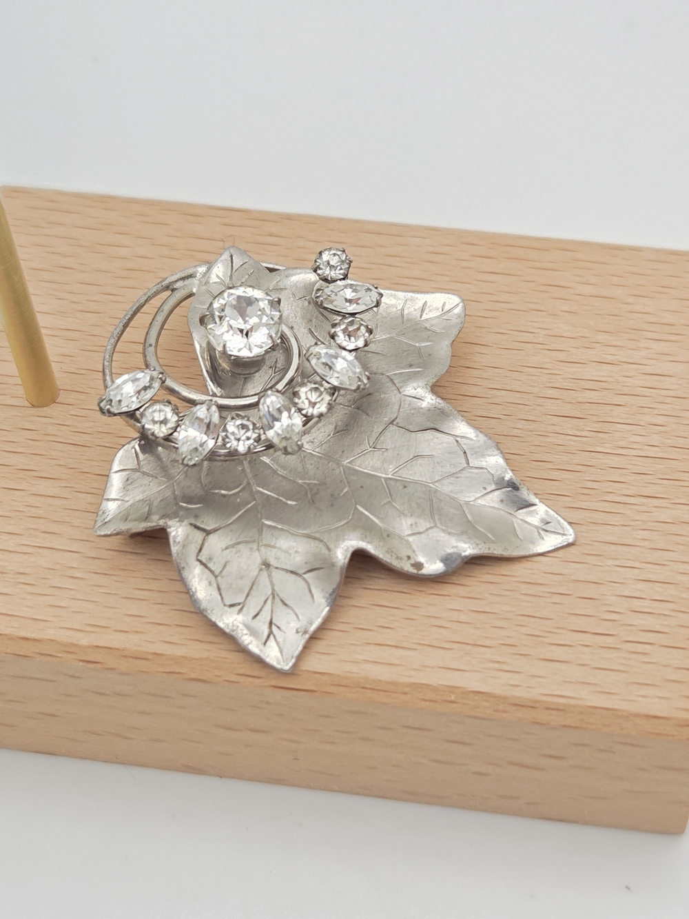 Vintage Carl Art Sterling Silver Leaf Brooch Clear Marquise Rhinestones MCM